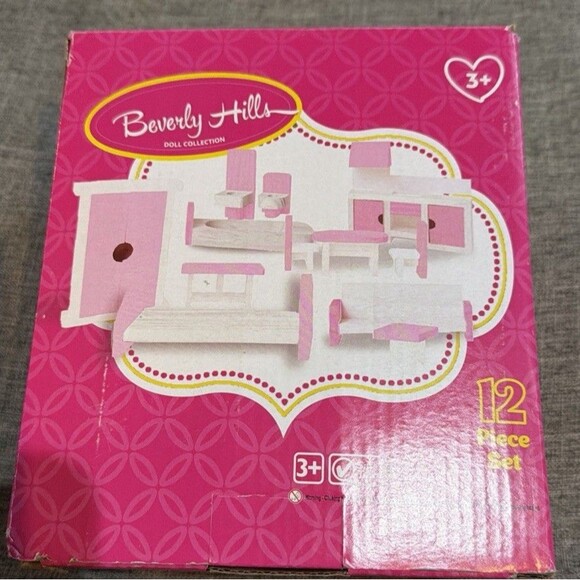 Pink Dolls House Furniture Wooden Set  Dolls Toys For Kids Gift 12 pieces - Picture 5 of 5